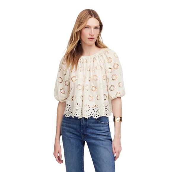 J.Crew Embroidered Shirred Puff Sleeve Eyelet Top XL Ivory Cotton - Picture 1 of 9